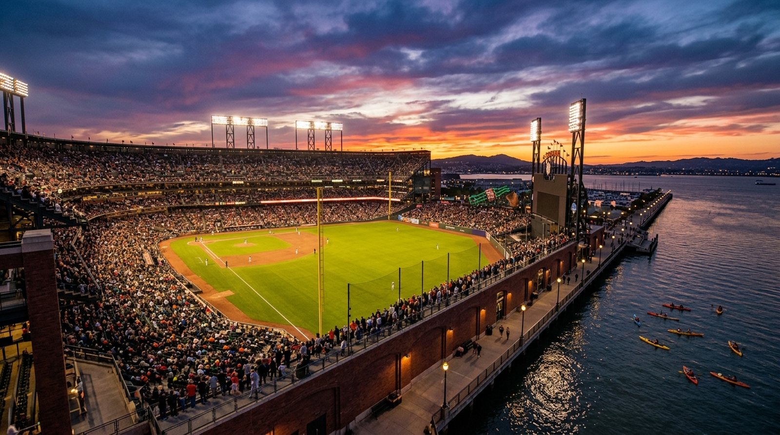Estadio de beisbol junto a la bahía al atardecer con kayaks en el agua detrás del jardín derecho