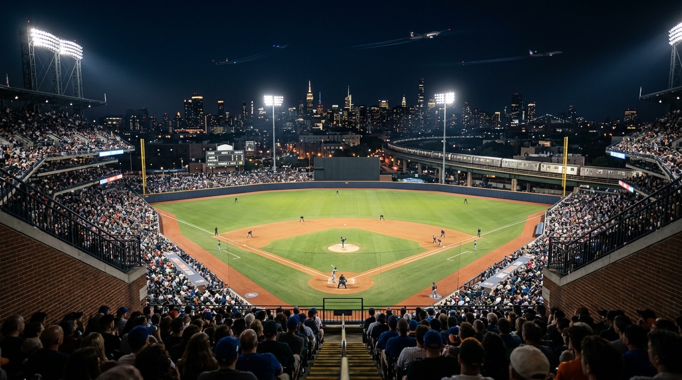 Estadio de beisbol de noche en Nueva York con el horizonte de la ciudad y un tren elevado detrás de los jardines