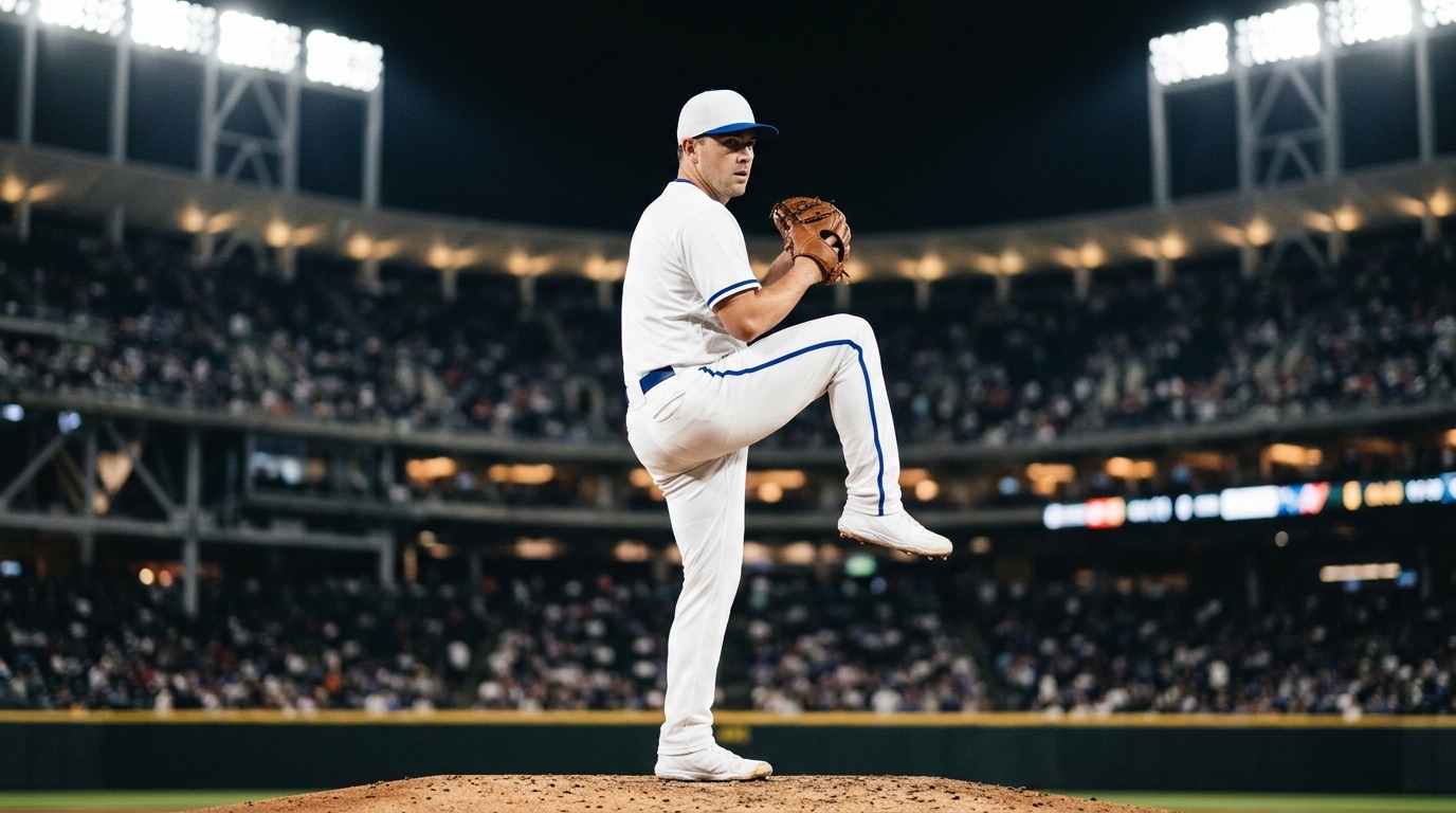 Pitcher de blanco con detalles azules levanta la pierna en el montículo durante un juego nocturno con el estadio lleno