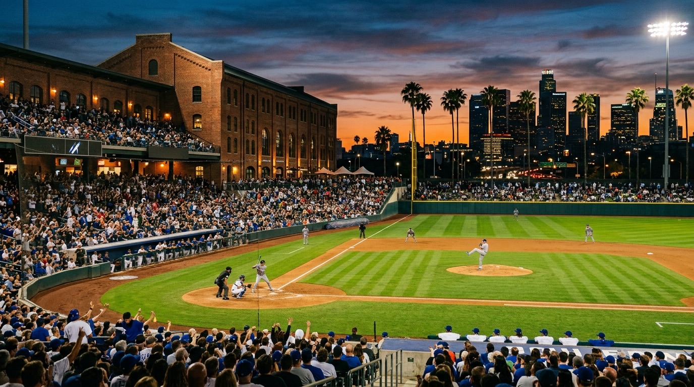 Estadio de beisbol en el centro de la ciudad al atardecer, con un edificio de ladrillo en las gradas y palmeras detrás de los jardines