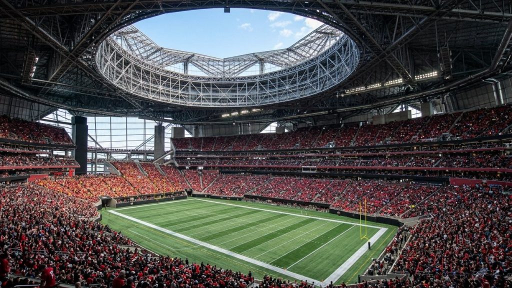 Estadio techado con el techo abierto en forma de anillo, pasto sintético y tribunas llenas de aficionados vestidos de rojo y negro