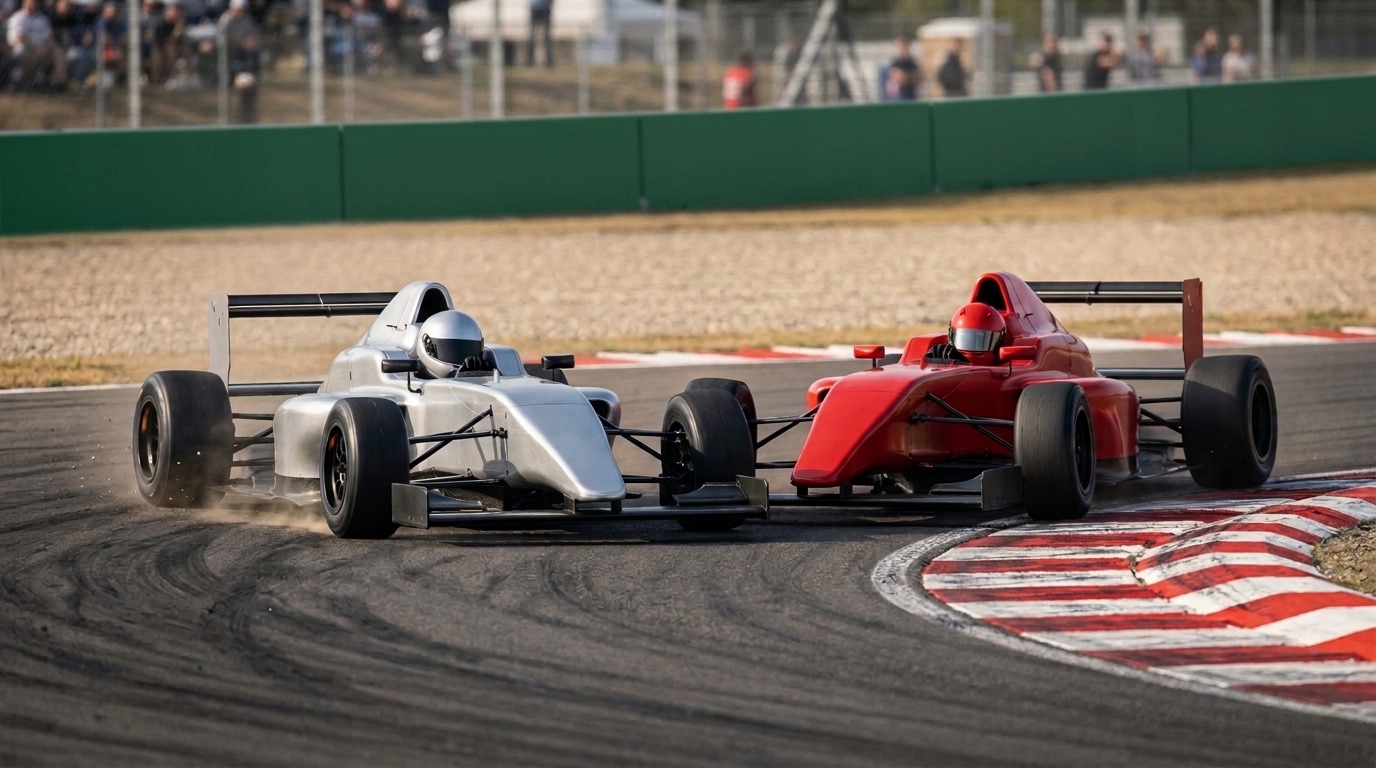 Dos monoplazas, uno plateado y uno rojo, frenan lado a lado al entrar a una curva cerrada junto a un piano rojo y blanco