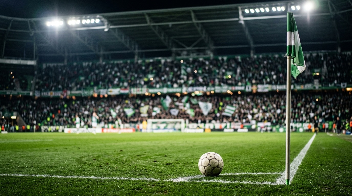 Balón sobre el arco del tiro de esquina junto al banderín, de noche y con la tribuna verde al fondo