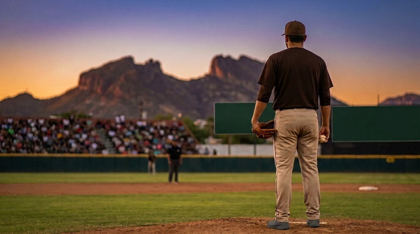 Pitcher de café visto de espaldas en el montículo, con la pelota en la mano y montañas al fondo del estadio al atardecer