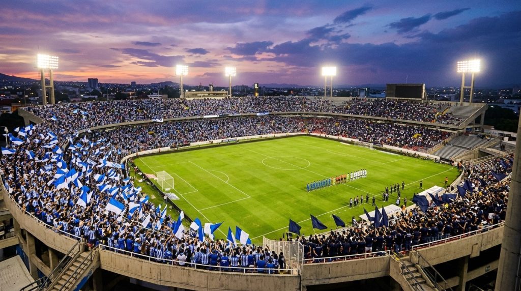 Estadio lleno al atardecer, con aficionados de azul y blanco ondeando banderas y los dos equipos formados en la cancha antes del partido