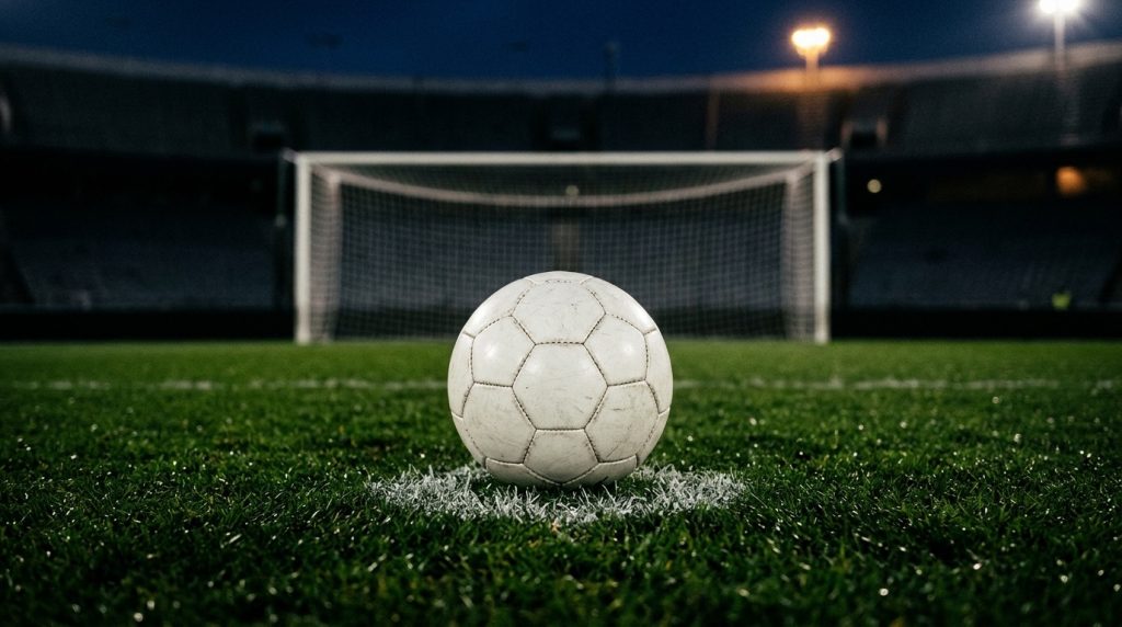 Balón blanco sobre el punto penal de una cancha iluminada de noche, con la portería al fondo