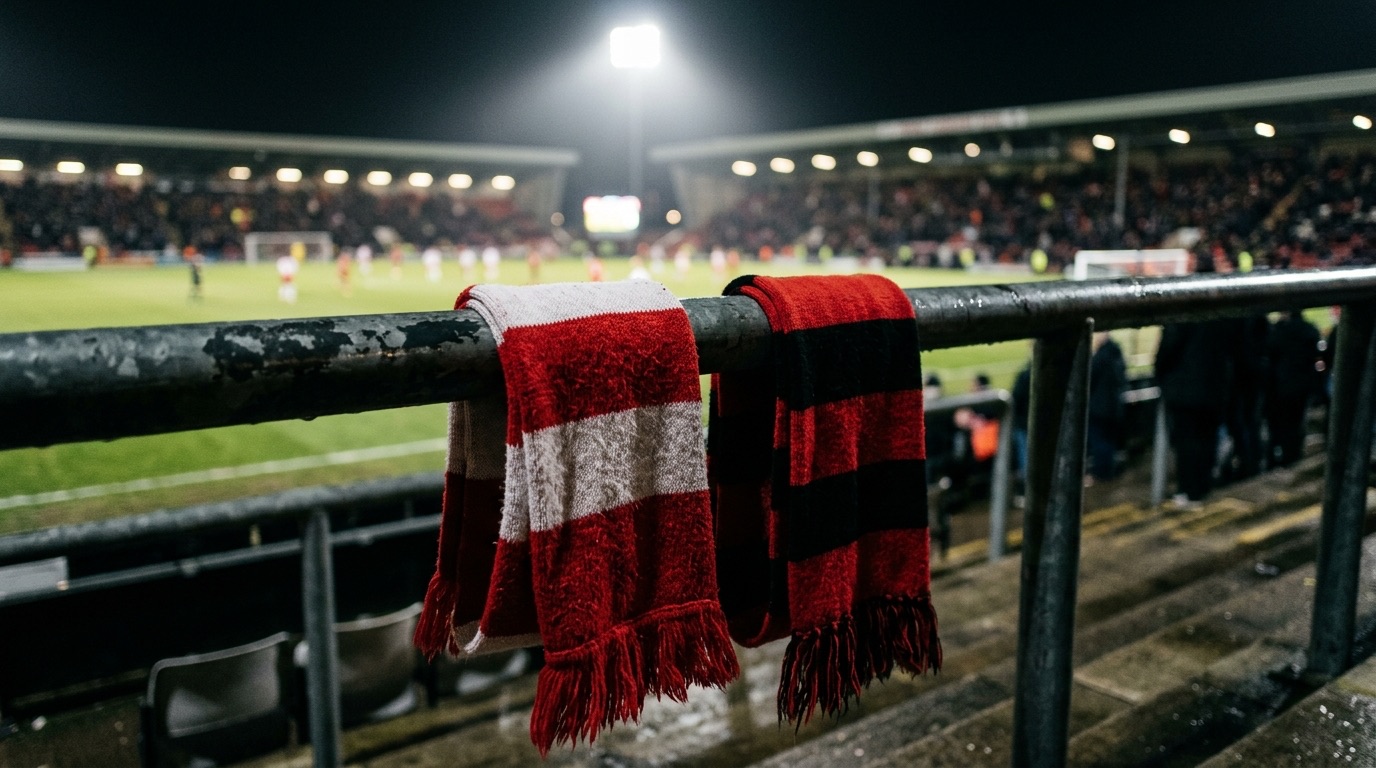 Dos bufandas sobre el barandal de la tribuna, una roja con blanco y otra roja con negro, con la cancha iluminada al fondo