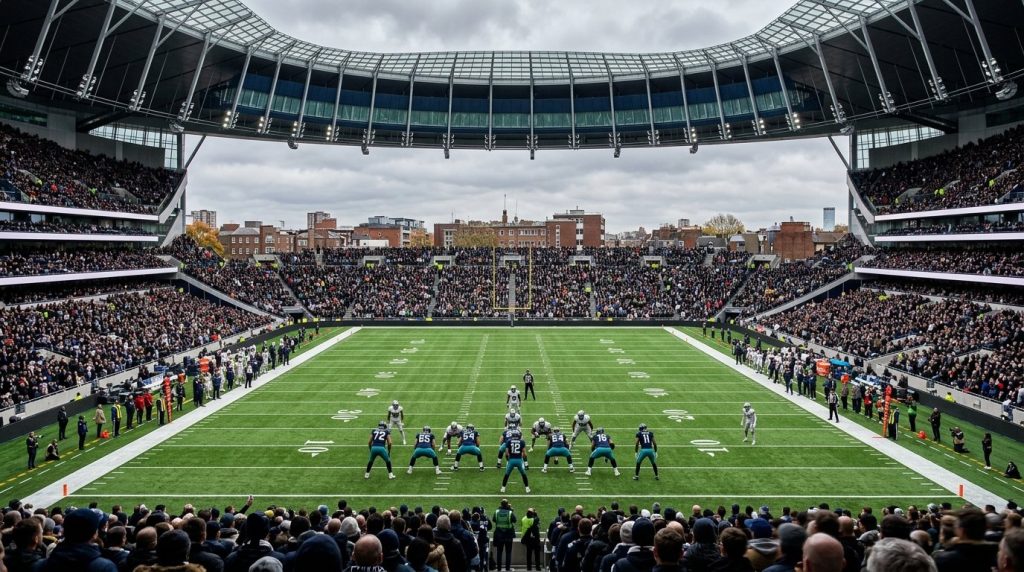 Partido de futbol americano en un estadio de Londres lleno, con la ofensiva alineada en la línea de golpeo