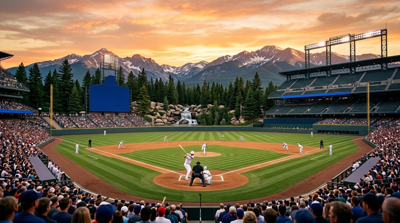 Estadio de beisbol al atardecer con montañas nevadas, pinos y una cascada detrás del jardín central