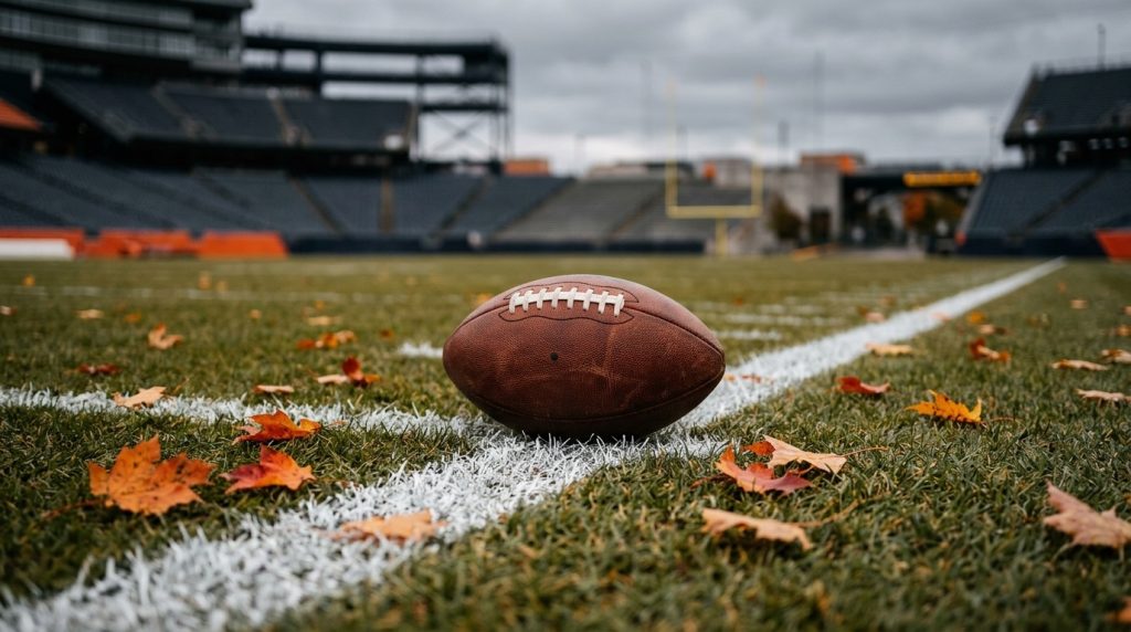 Balón de futbol americano sobre la línea de 50 yardas de un campo de pasto con hojas secas de otoño