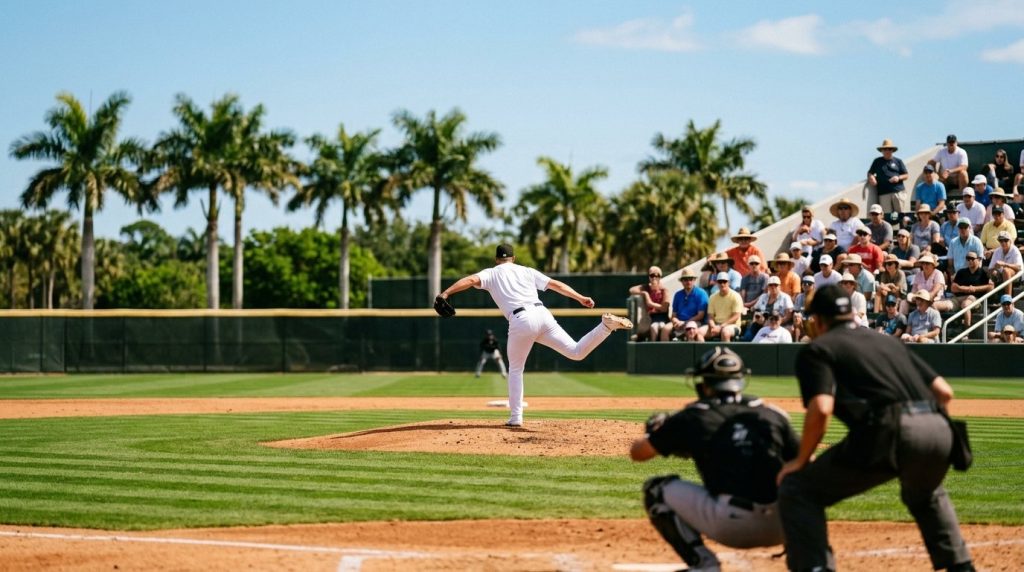 Juego de pretemporada de beisbol en Florida: lanzador en la loma de un estadio pequeño con palmeras detrás de la barda y aficionados con sombrero