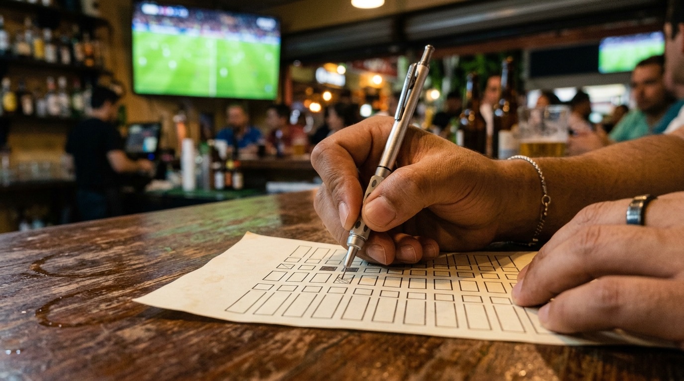 Mano con pluma marcando las casillas de un boleto de quiniela sobre la barra de un bar deportivo, con un partido en la pantalla del fondo