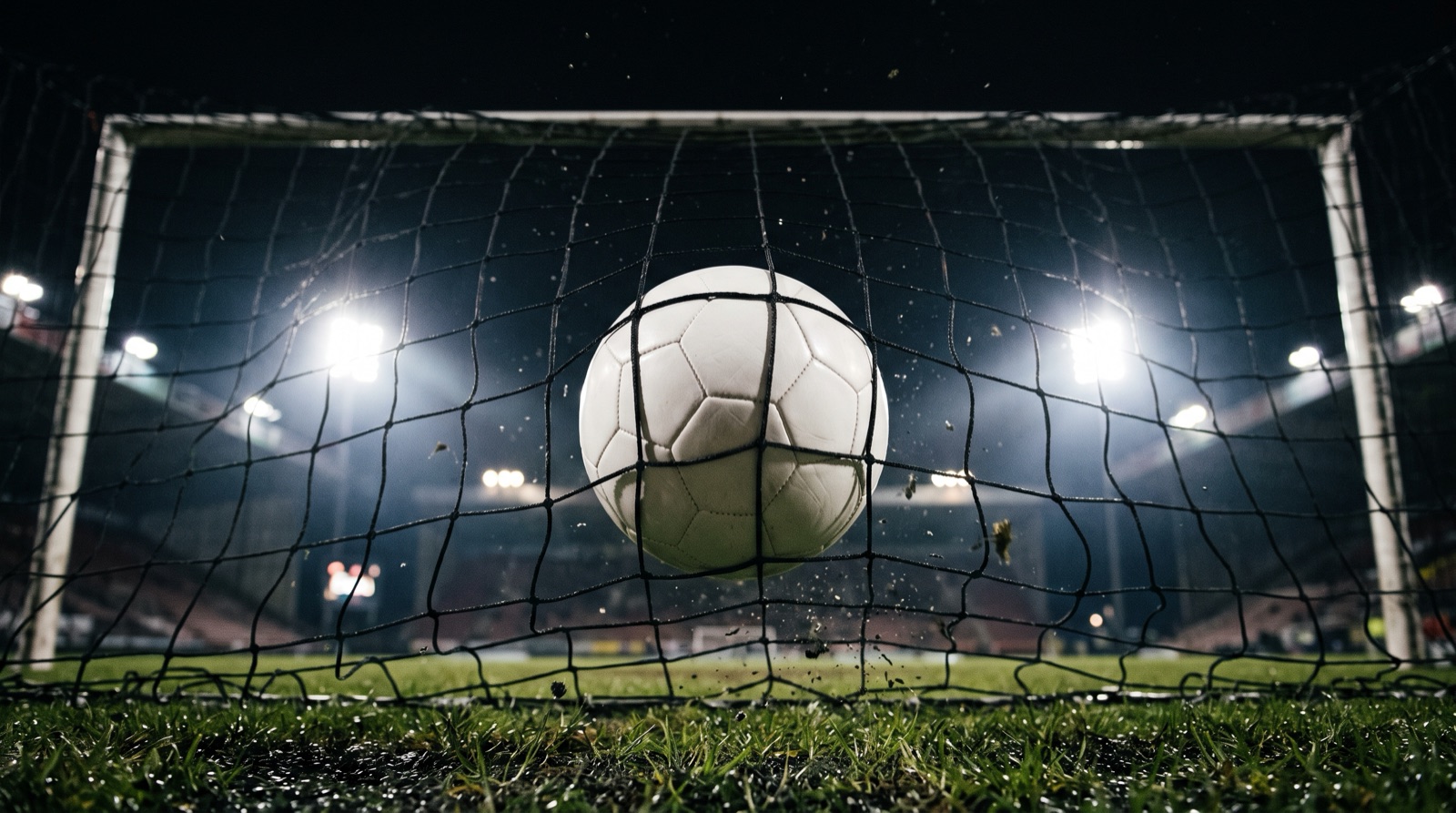 Balón dentro de la red de una portería en un partido de noche