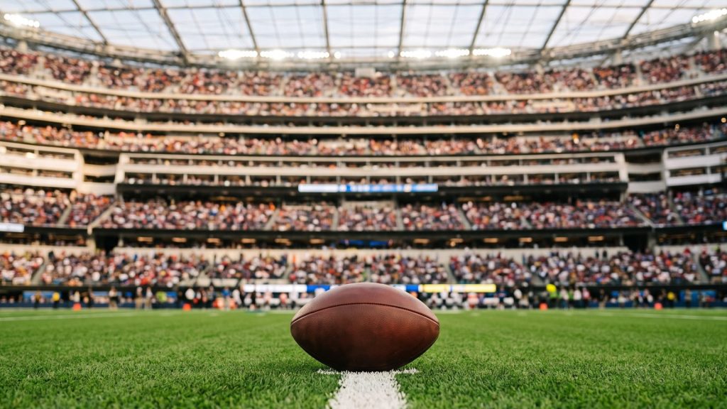 Balón de futbol americano sobre el pasto en la yarda 50 de un estadio techado lleno de aficionados