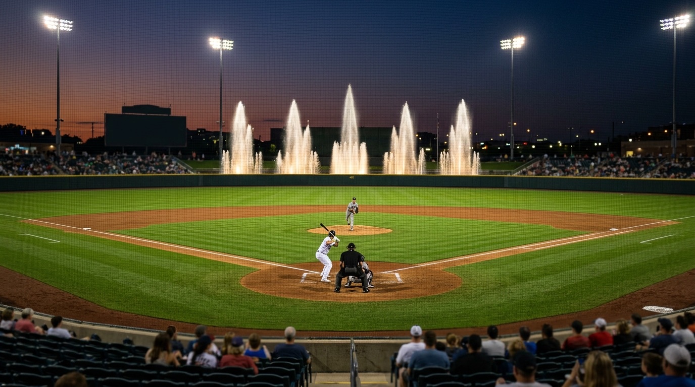Estadio de beisbol al anochecer visto desde atrás del home, con fuentes de agua encendidas detrás de la barda del jardín central