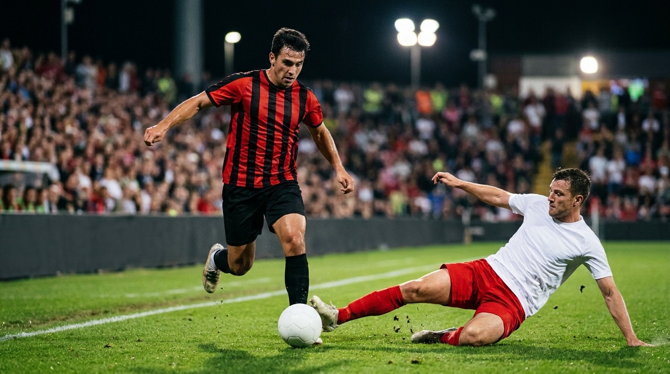 Un extremo con playera de rayas verticales rojas y negras regatea a un defensor de blanco y short rojo que se barre, en un partido nocturno