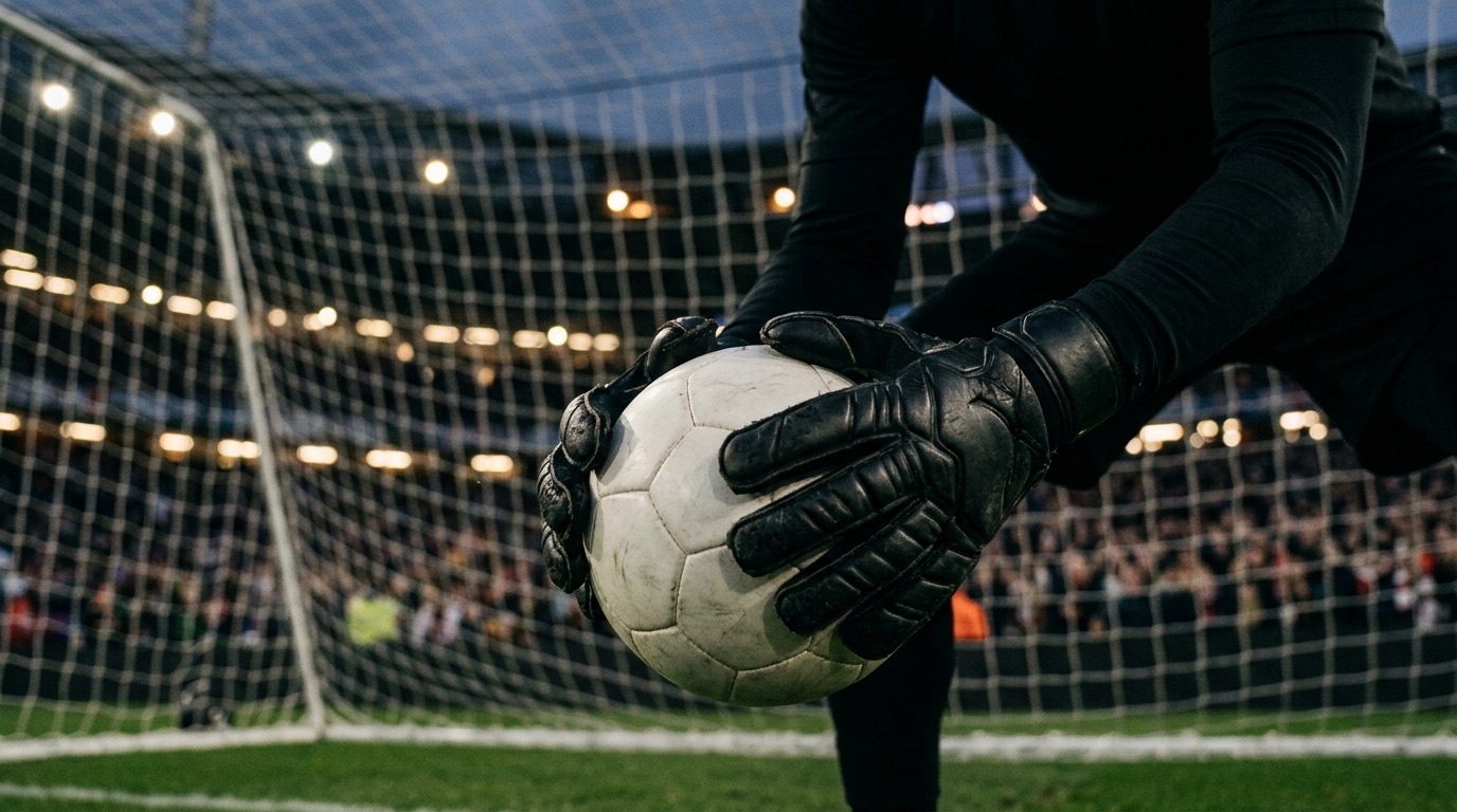 Portero con guantes negros atrapando el balón frente a la red, con las luces del estadio al fondo