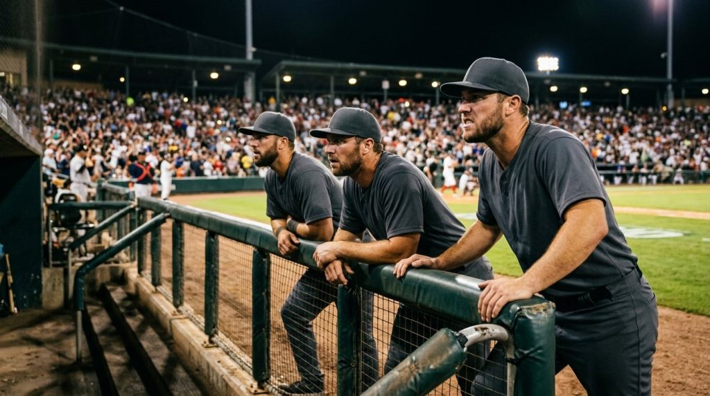 Jugadores de beisbol asomados al barandal del dugout siguen un juego de postemporada de noche, con el estadio lleno