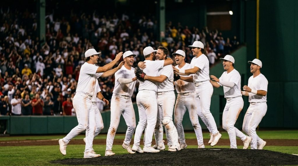 Jugadores de beisbol celebran en el montículo tras el último out de una serie de postemporada