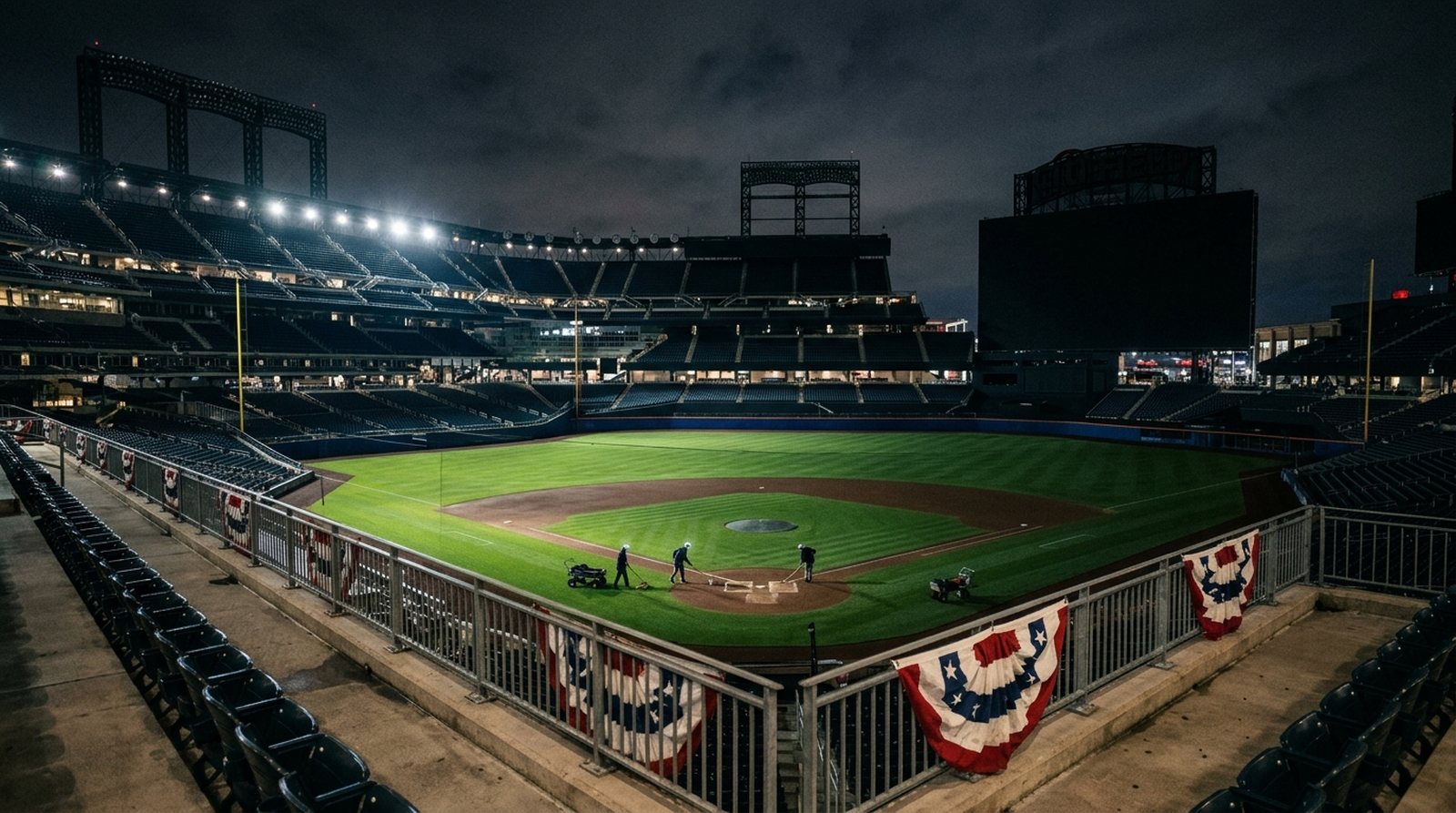 Estadio de beisbol vacío de noche con banderines de postemporada mientras preparan el diamante