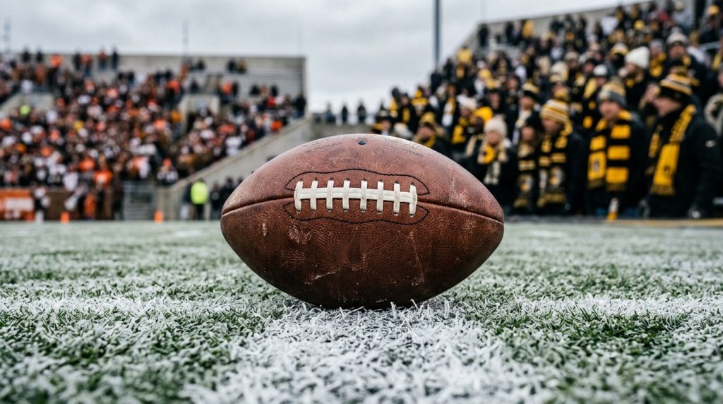 Balón de futbol americano sobre el pasto escarchado, con aficionados de negro y amarillo y de café y naranja desenfocados en las tribunas
