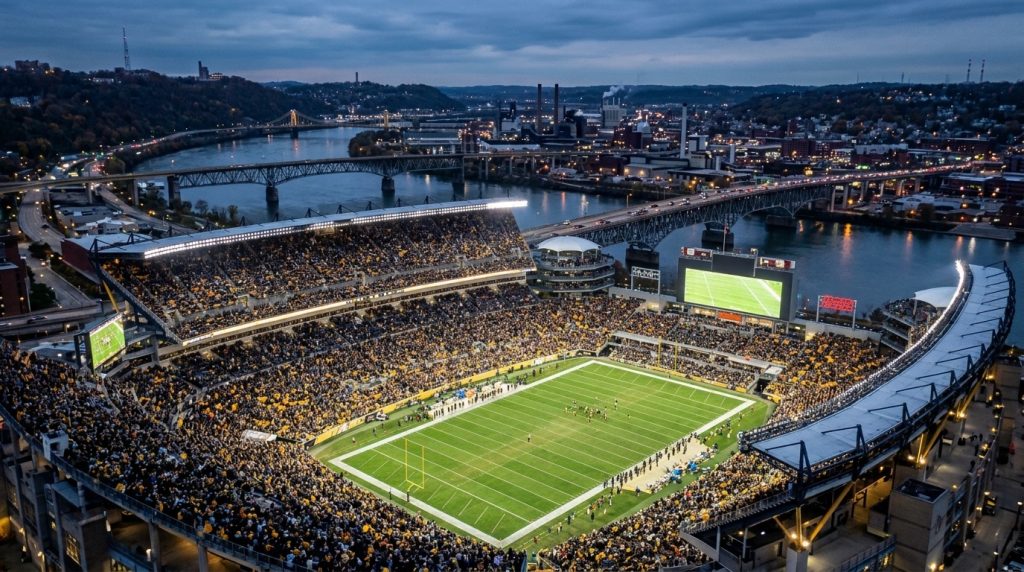 Estadio de futbol americano a orillas de un río al anochecer, con puentes de acero y la tribuna llena de aficionados de negro y amarillo