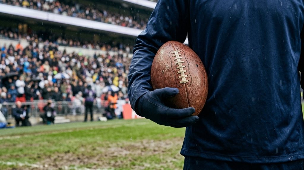 Jugador con jersey azul marino sostiene un balón de futbol americano bajo la llovizna, con la tribuna llena detrás