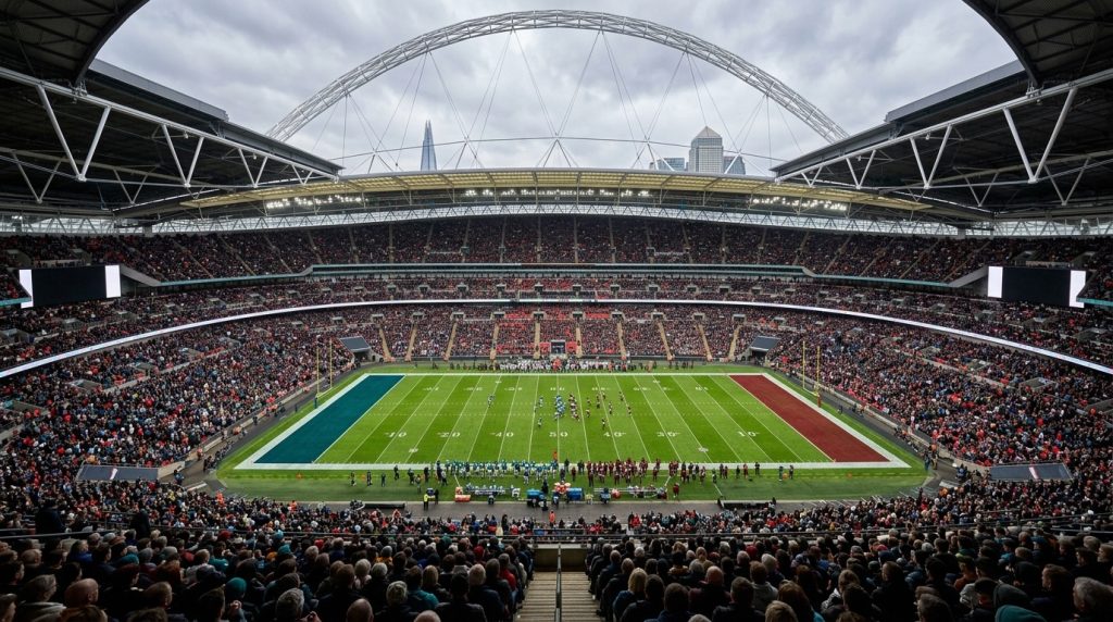 Estadio de Londres lleno para un partido de futbol americano, con un gran arco blanco sobre el techo y las zonas de anotación pintadas de verde azulado y de rojo