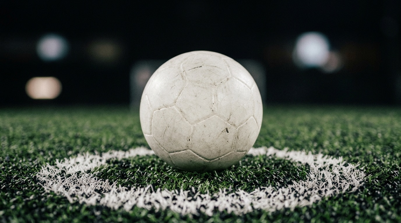 Balón sobre el punto de penal de una cancha de pasto sintético, de noche, con las luces del estadio al fondo