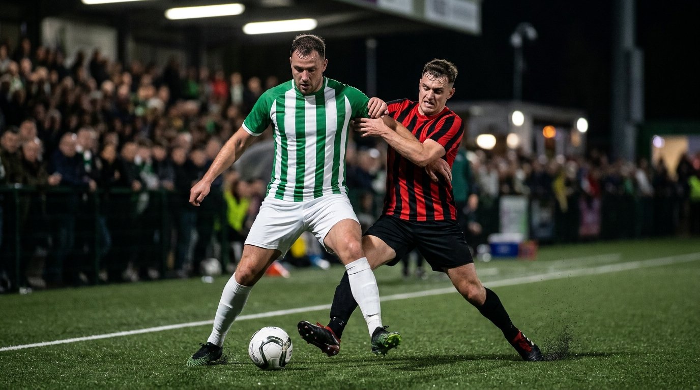 Un delantero con camiseta de rayas verdes y blancas protege el balón ante un defensor con camiseta de rayas rojas y negras, en un partido nocturno sobre pasto sintético