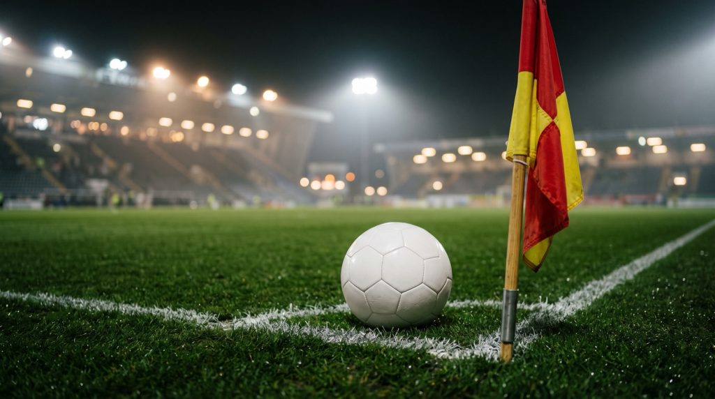 Balón blanco junto al banderín de tiro de esquina en una cancha de noche, con las luces del estadio al fondo