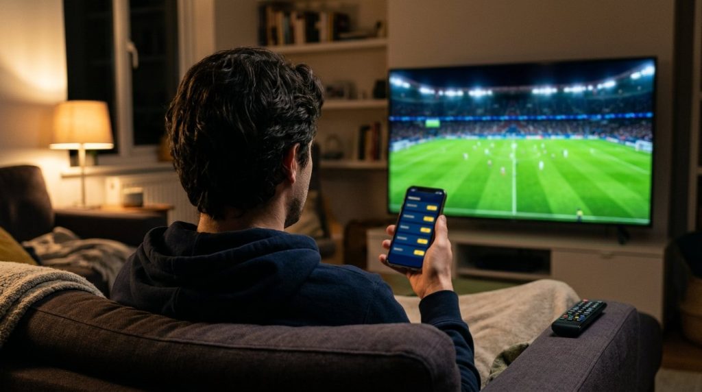 Persona en el sofá con el celular en la mano mientras ve un partido de futbol en la televisión
