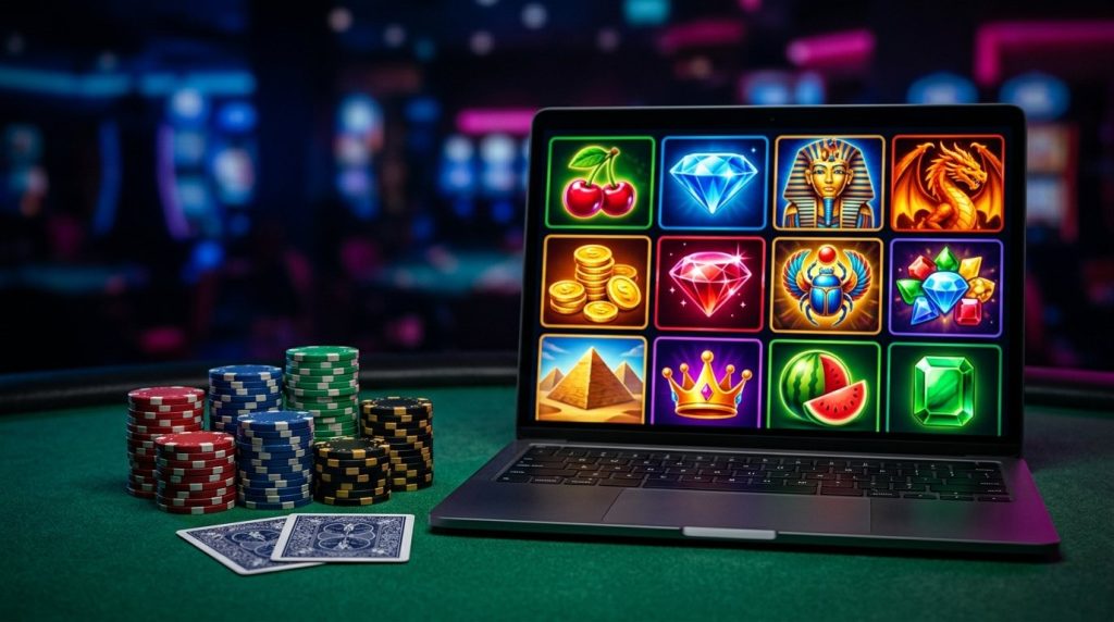Laptop con una cuadrícula de tragamonedas junto a fichas de casino y cartas sobre un tapete verde