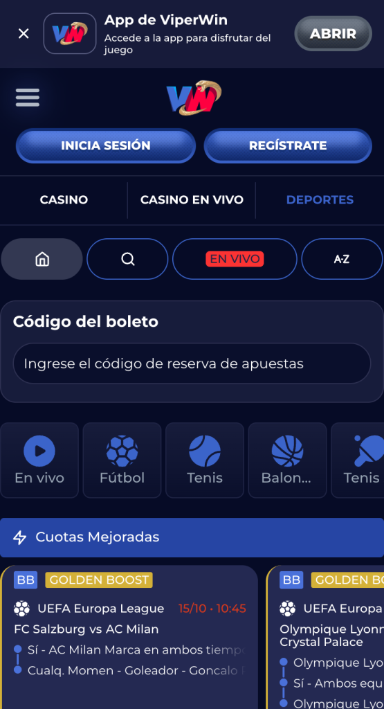 La sección de deportes de ViperWin en un celular, con el aviso para instalar la app, las apuestas en vivo y las cuotas mejoradas