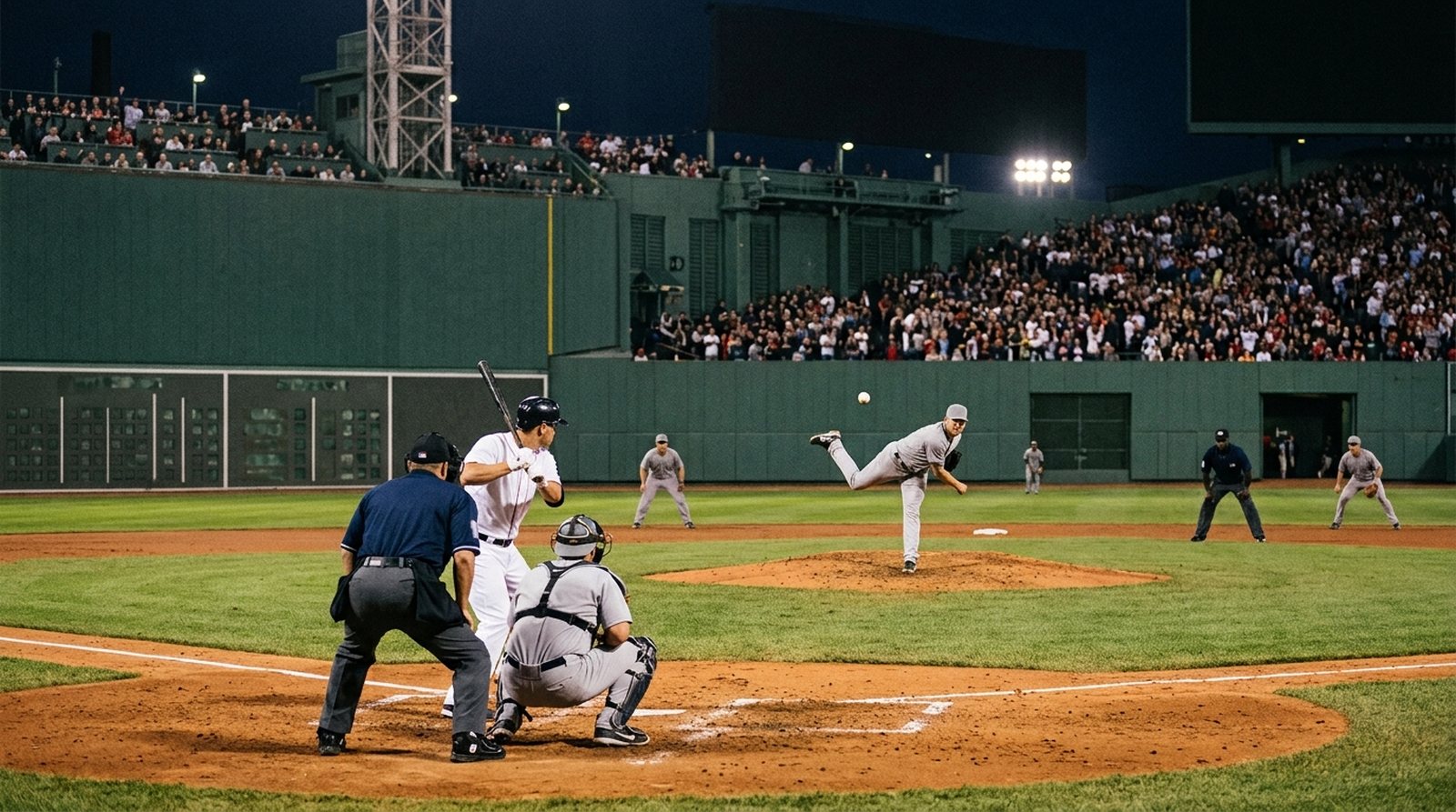 Juego nocturno de beisbol en un estadio clásico con un muro verde muy alto en el jardín izquierdo